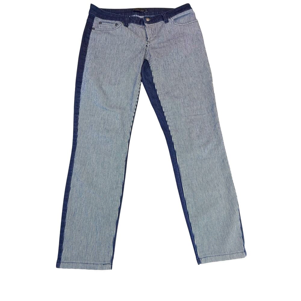Prana Jett Indigo Blue White Railroad Stripe Front Cropped Skinny Jeans Midrise
